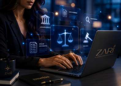 Laptop com icones de tribunal, resumo estruturado, checklist e balanca, representando a leitura da peticao pela inteligencia artificial do STJ